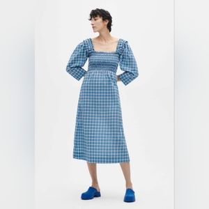 GANNI- Smocked checked gingham organic cotton-blend dress, Size 36, US Small